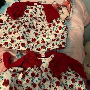 2 matching Christmas dresses with matching sweater.